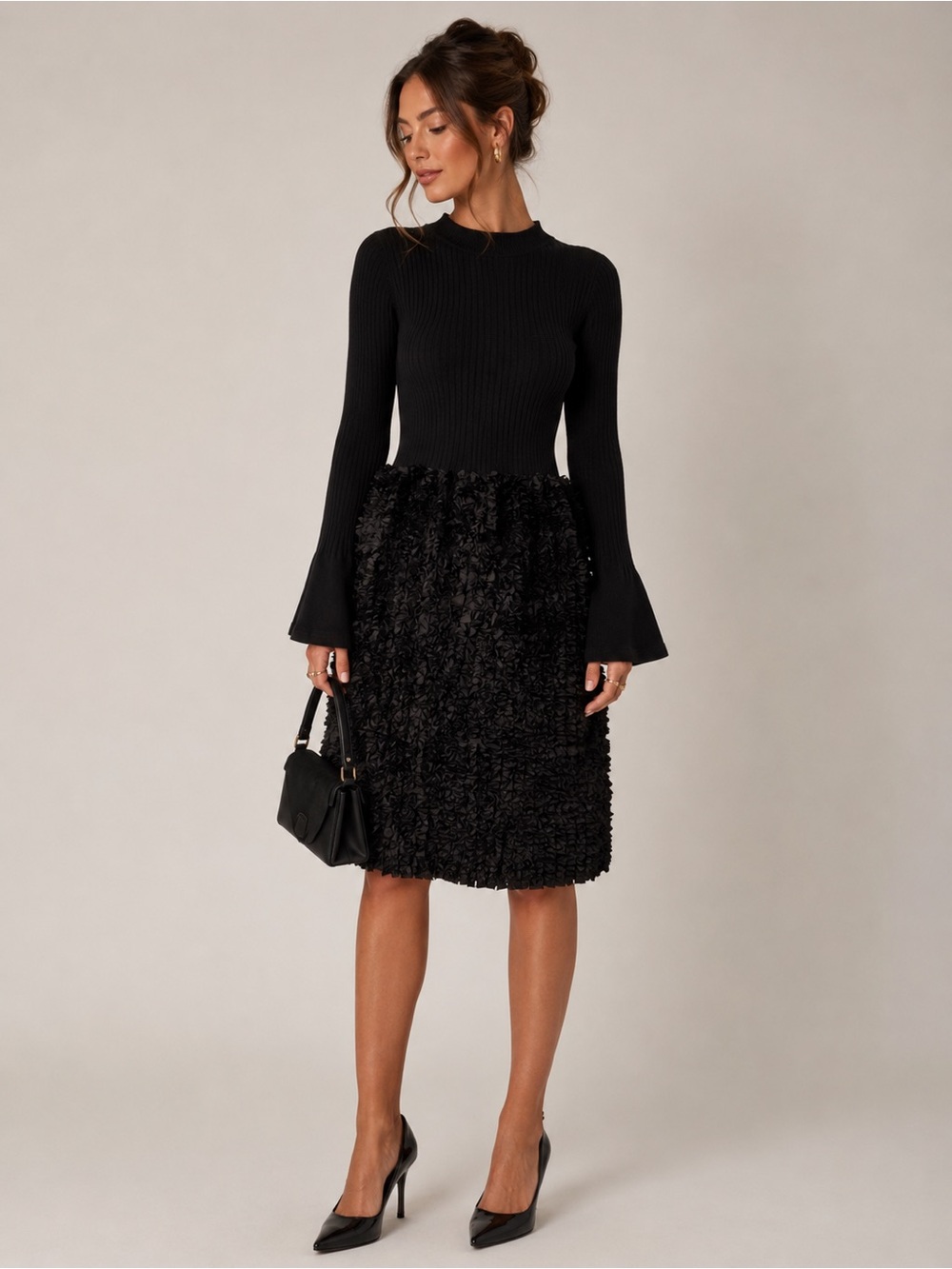 Tyler Boe Textured Knit Midi Dress Black Romantic Goth Luxe Size XS